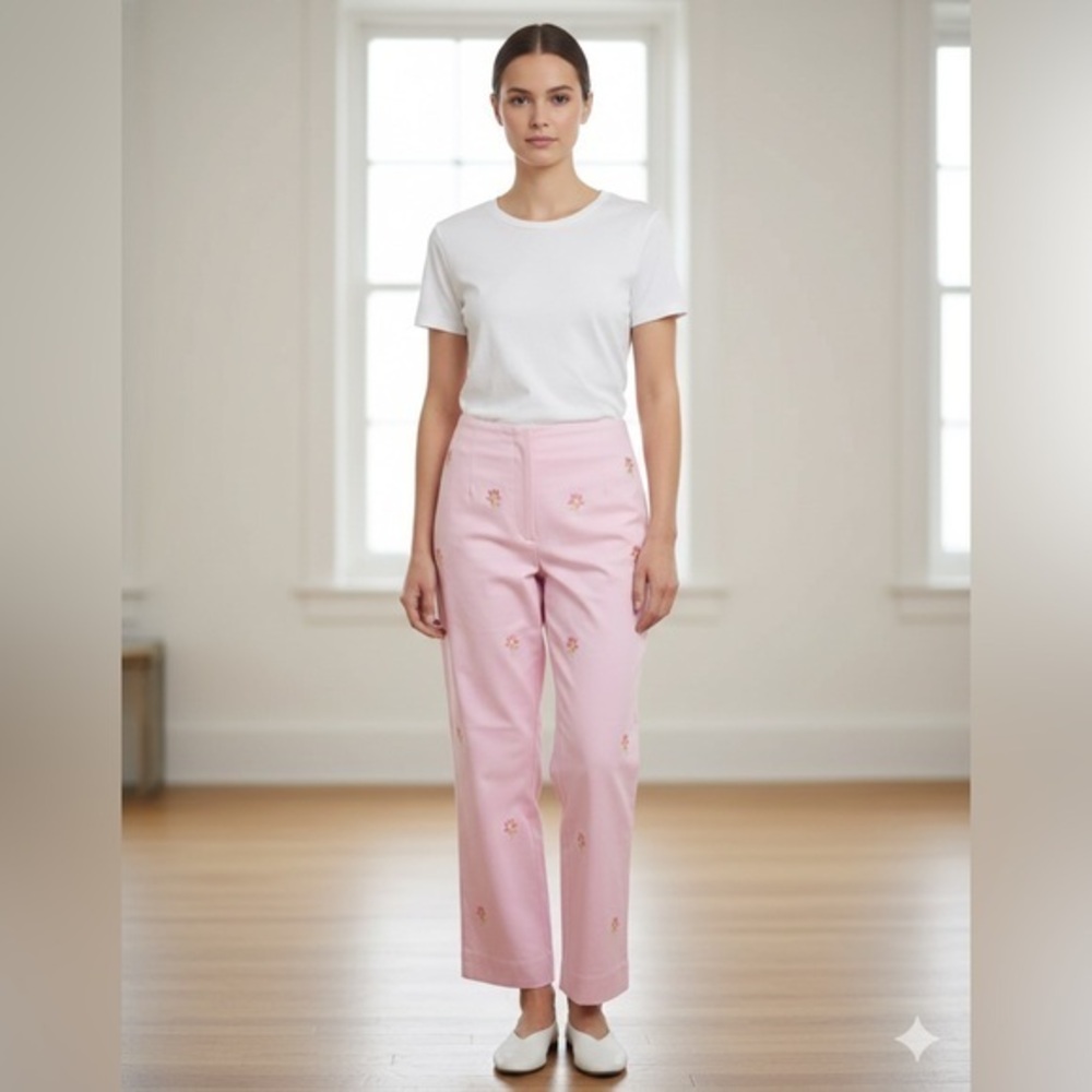 NWT Catherine Stewart Women's 6 Pink Embroidered Flower Capri Pant S High Rise
